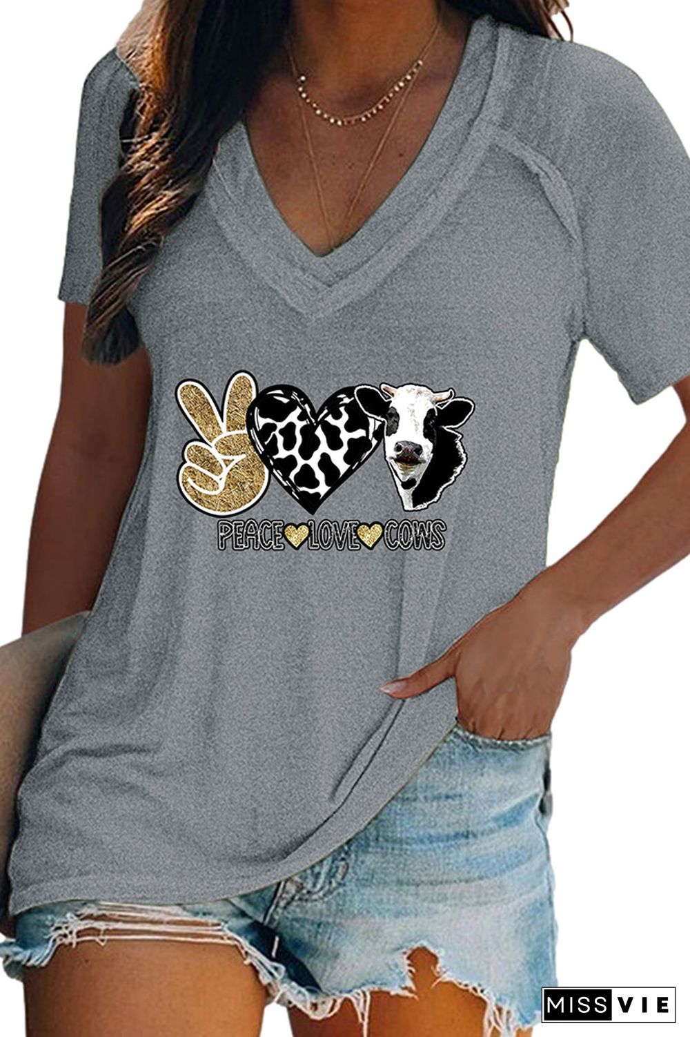 Peace Love Cows Print V Neck Graphic Tee