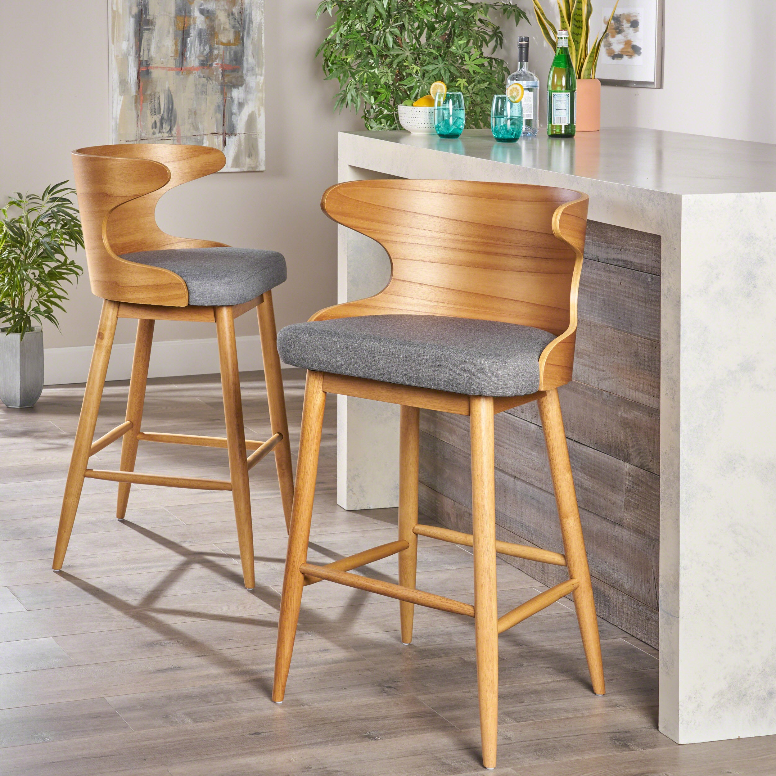 Truda Mid Century Modern Fabric Barstools (Set of 2)