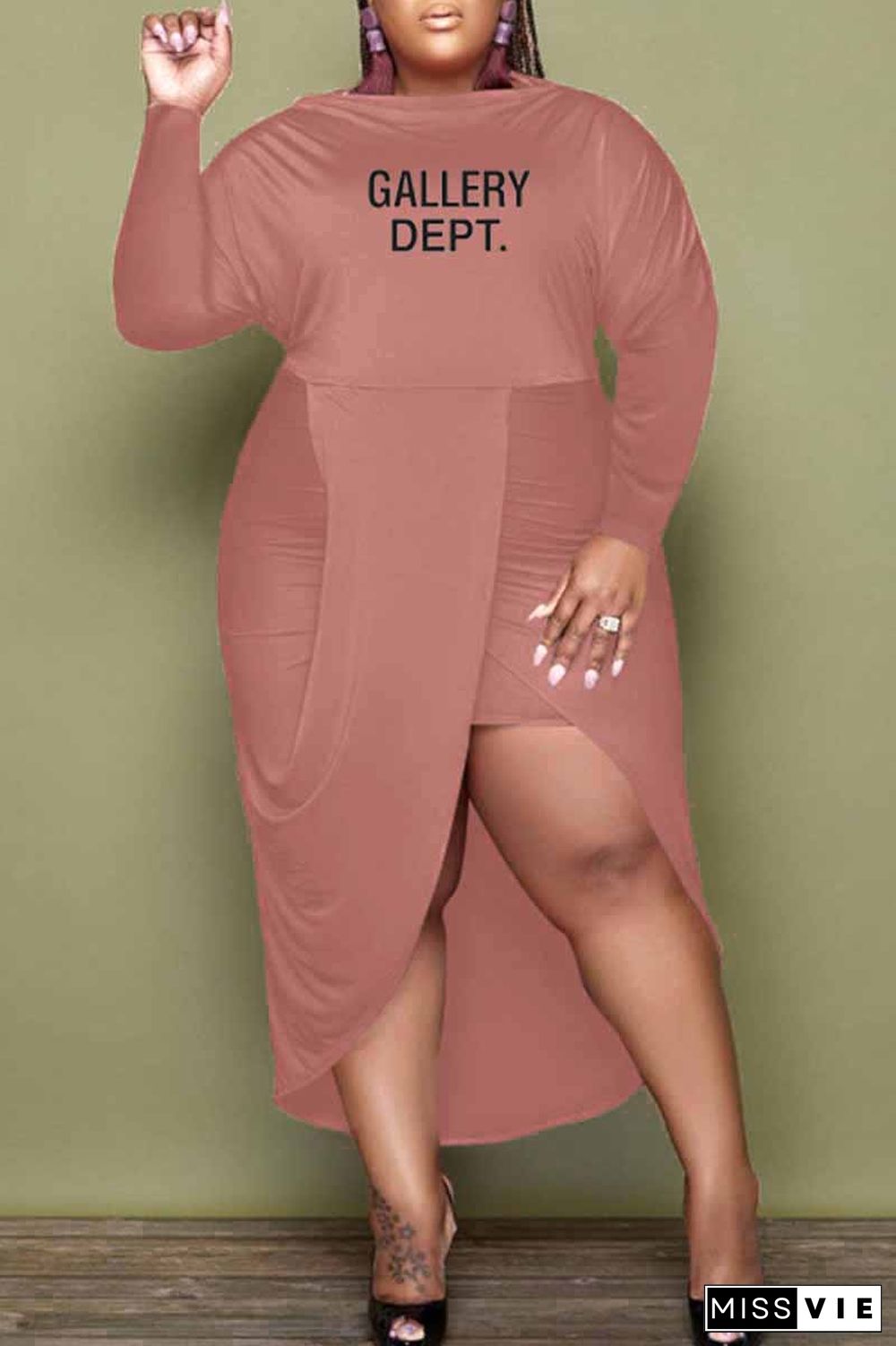 Deep Pink Casual Print Letter O Neck Irregular Dress Plus Size Dresses