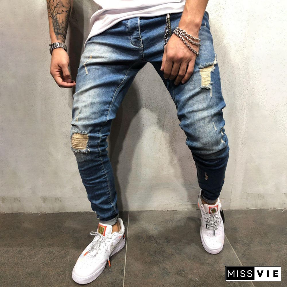 Men's Fashion Blue Tattered Jeans