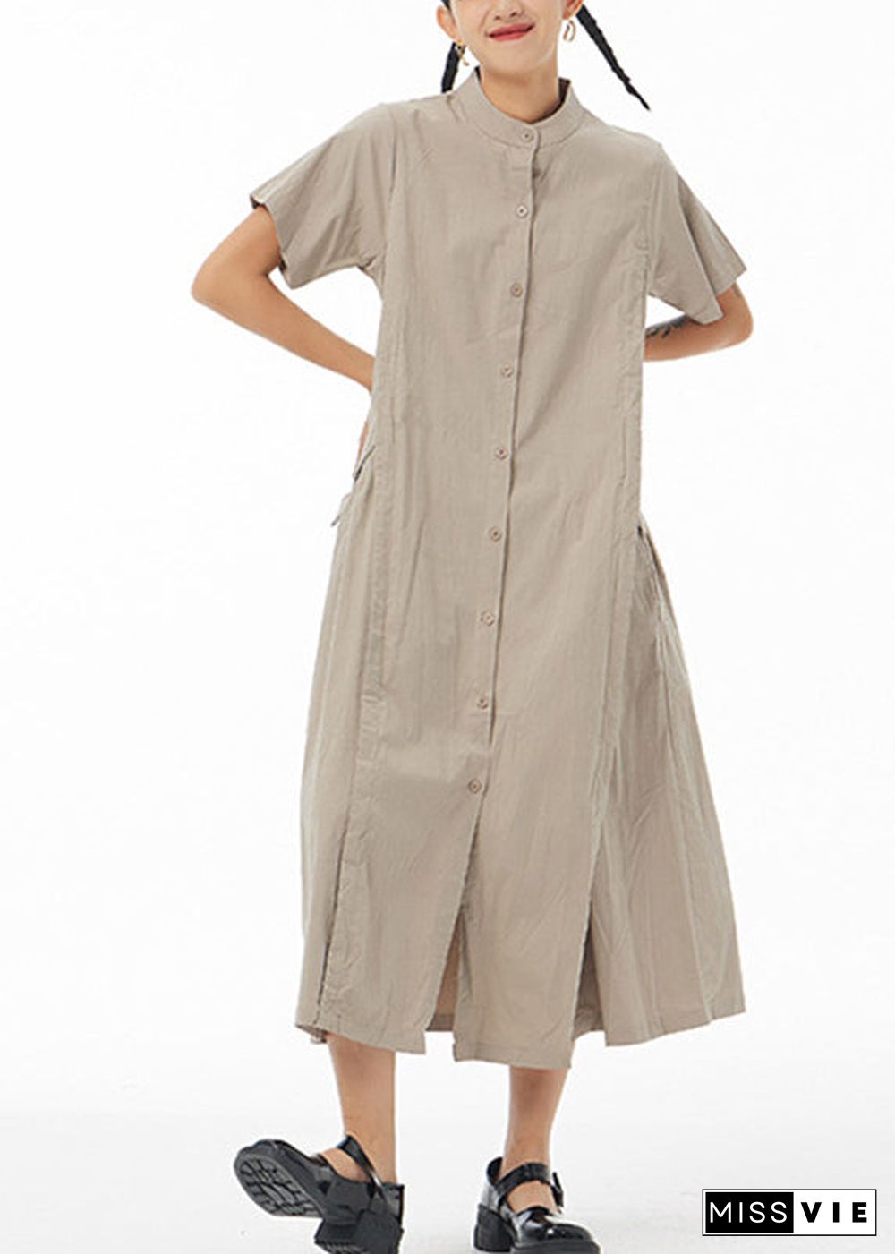 Casual Khaki Stand Collar Button Solid Cotton Long Shirt Dress Summer