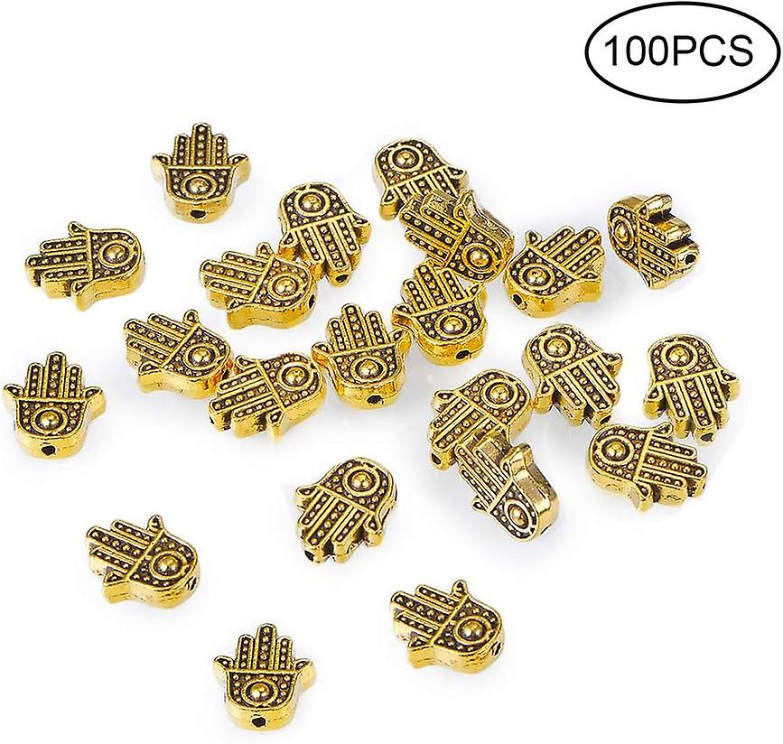 100pcs Hamsa Hand Beads， Tibetan Alloy Hand Of Miriam Beads Antique Golden Hand Of Fatima Jewelry Spacers Metal Loose Spacers Beads For Bracelet Jewel