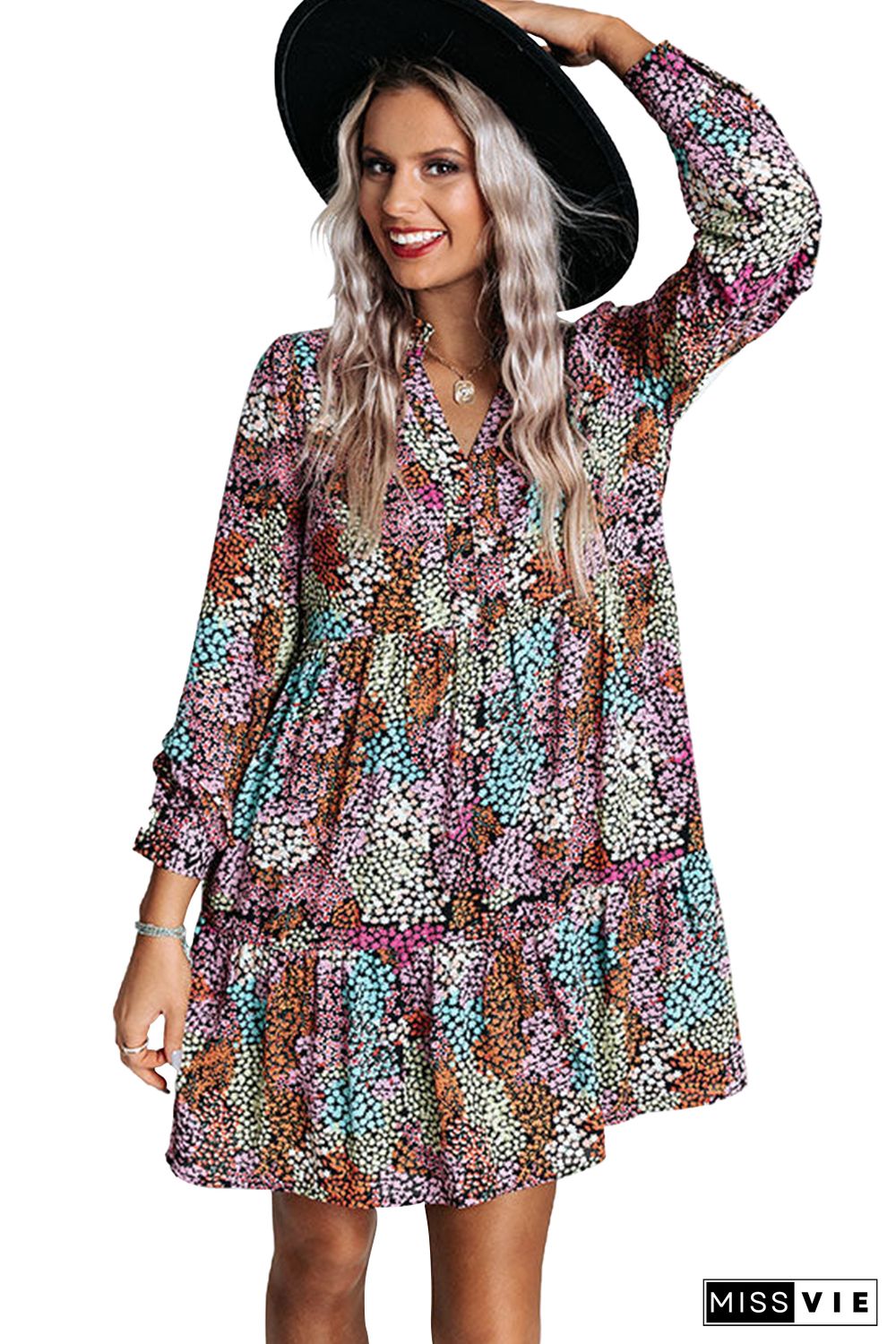 Multicolor Floral Print High Waist V Neck Shirt Dress