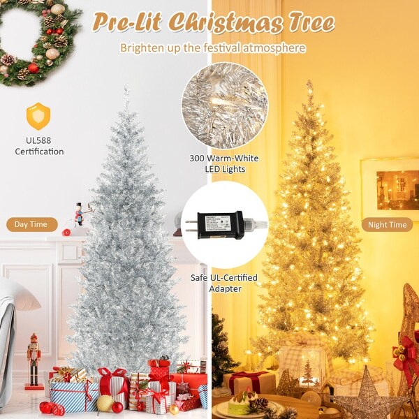 PreLit Artificial Silver Tinsel Xmas Tree with 790 Branch Tips and 300 LED Lights