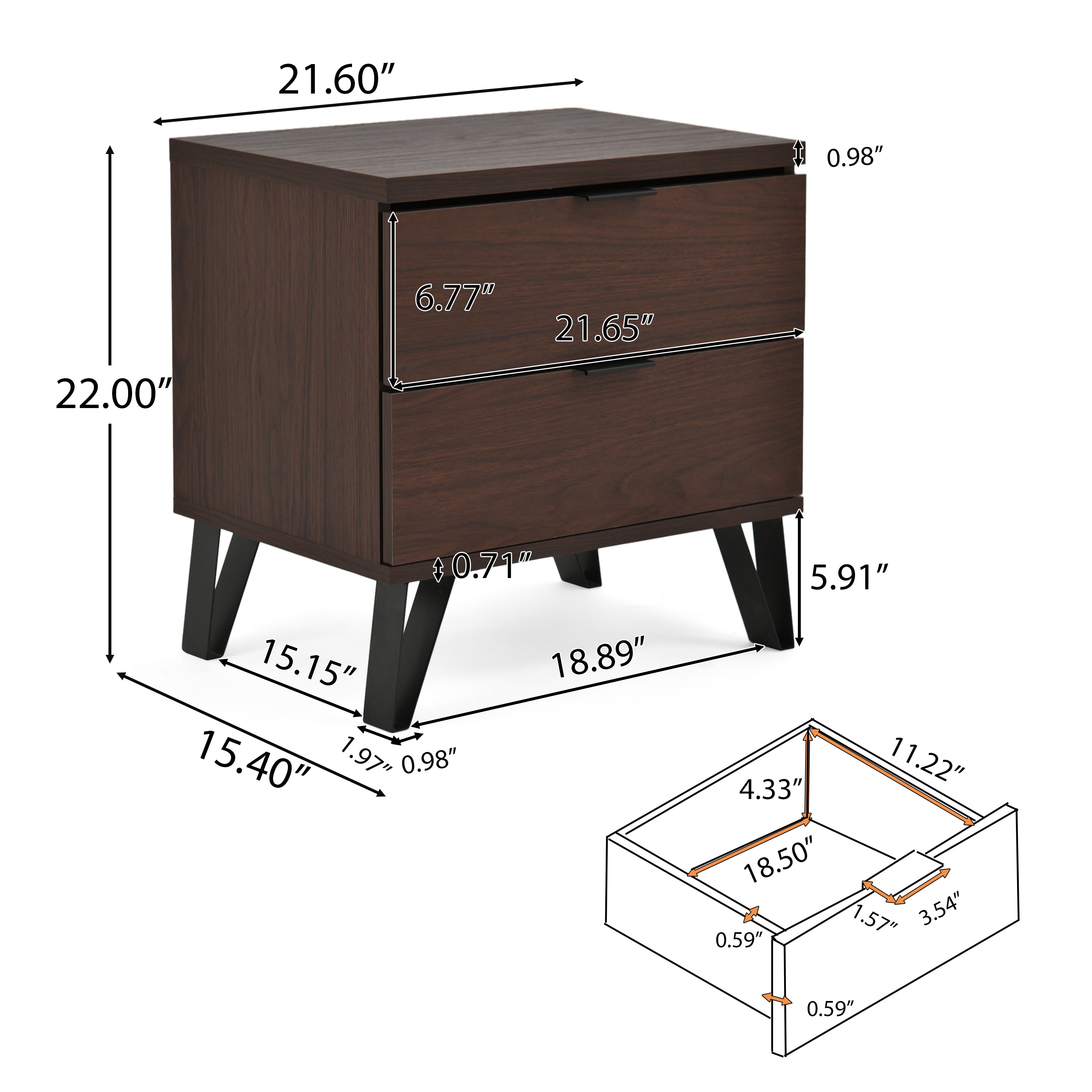 Demijen Modern Industrial 6 Piece Bedroom Set with 5 Drawer Dresser, Walnut and Matte Black