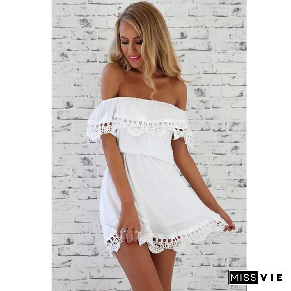 Summer Women White Lace Stitching Dress Off Shoulder Strapless Dress Neck Mini Dresses