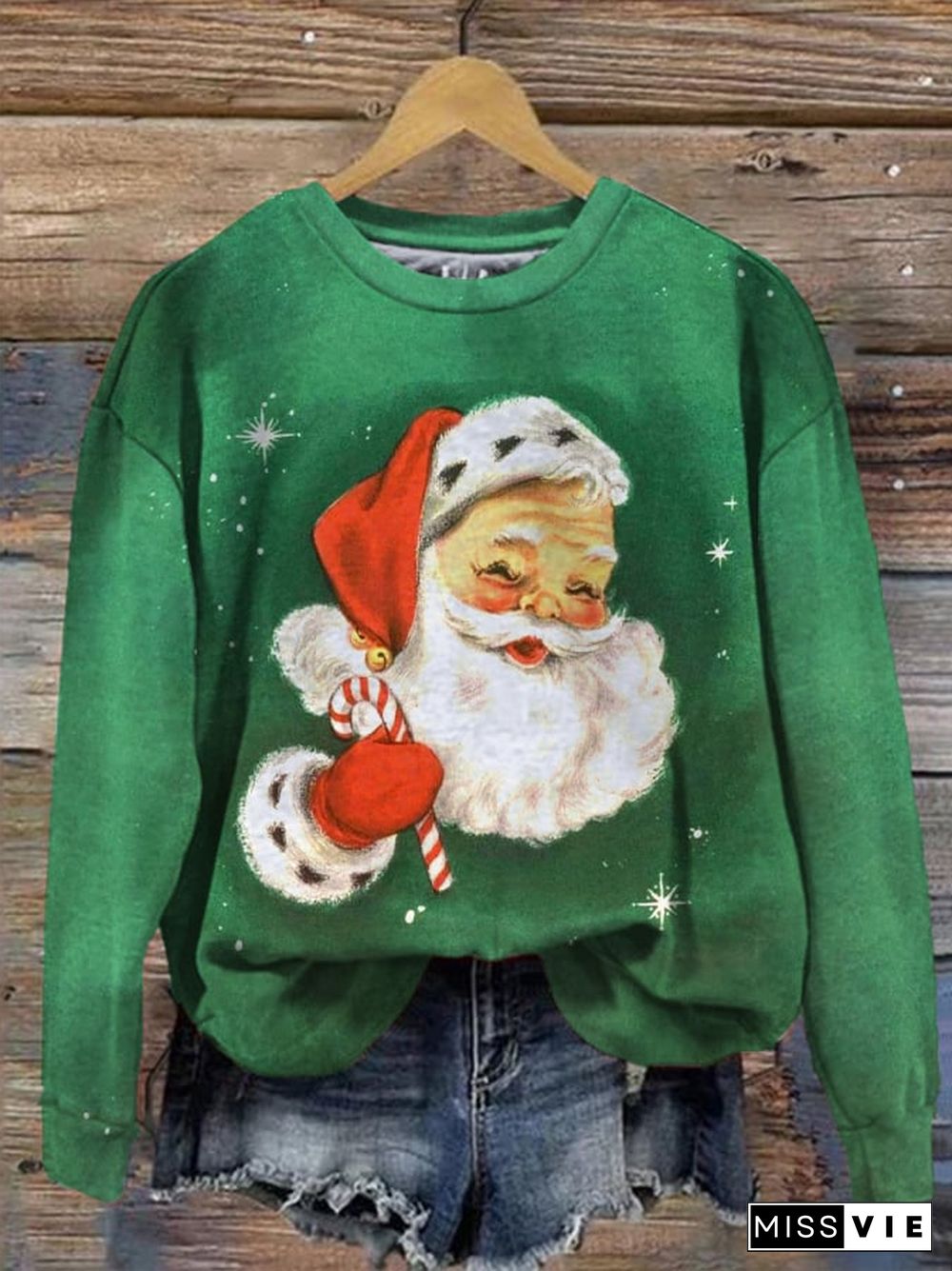 Women's Vintage Santa Claus Print Crew Neck Sweatshirt