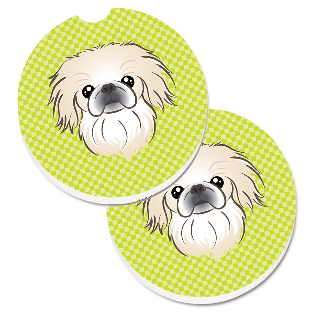 Carolines Treasures BB1283CARC Checkerboard Lime Green Pekingese Set of 2 Cup Holder Car Coasters ， Large， multicolor