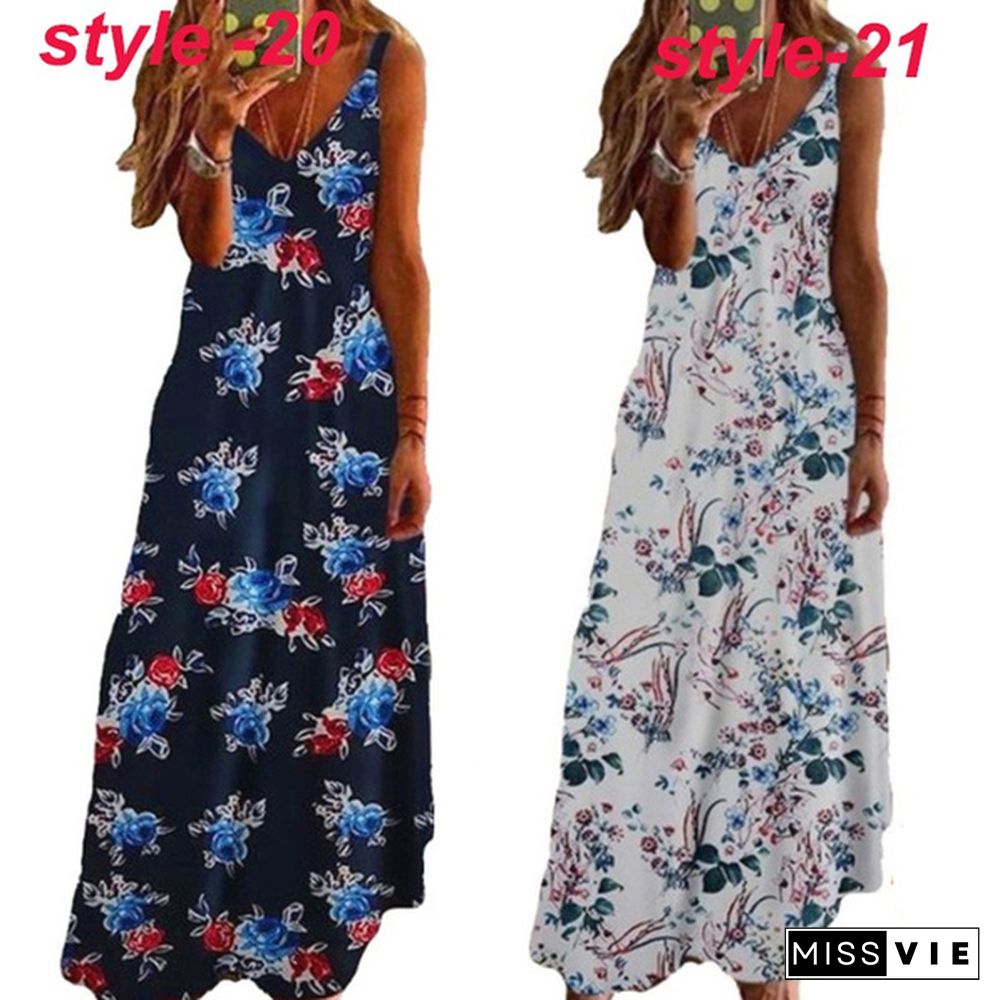 New Women Summer Casual Dress Short Sleeve Slim Printed Long Skirt