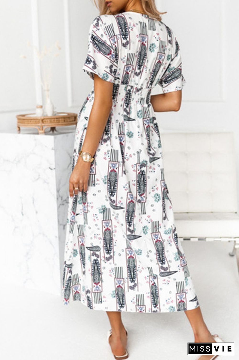 Fashion Elegant Print Tassel Split Joint V Neck A Line Dresses