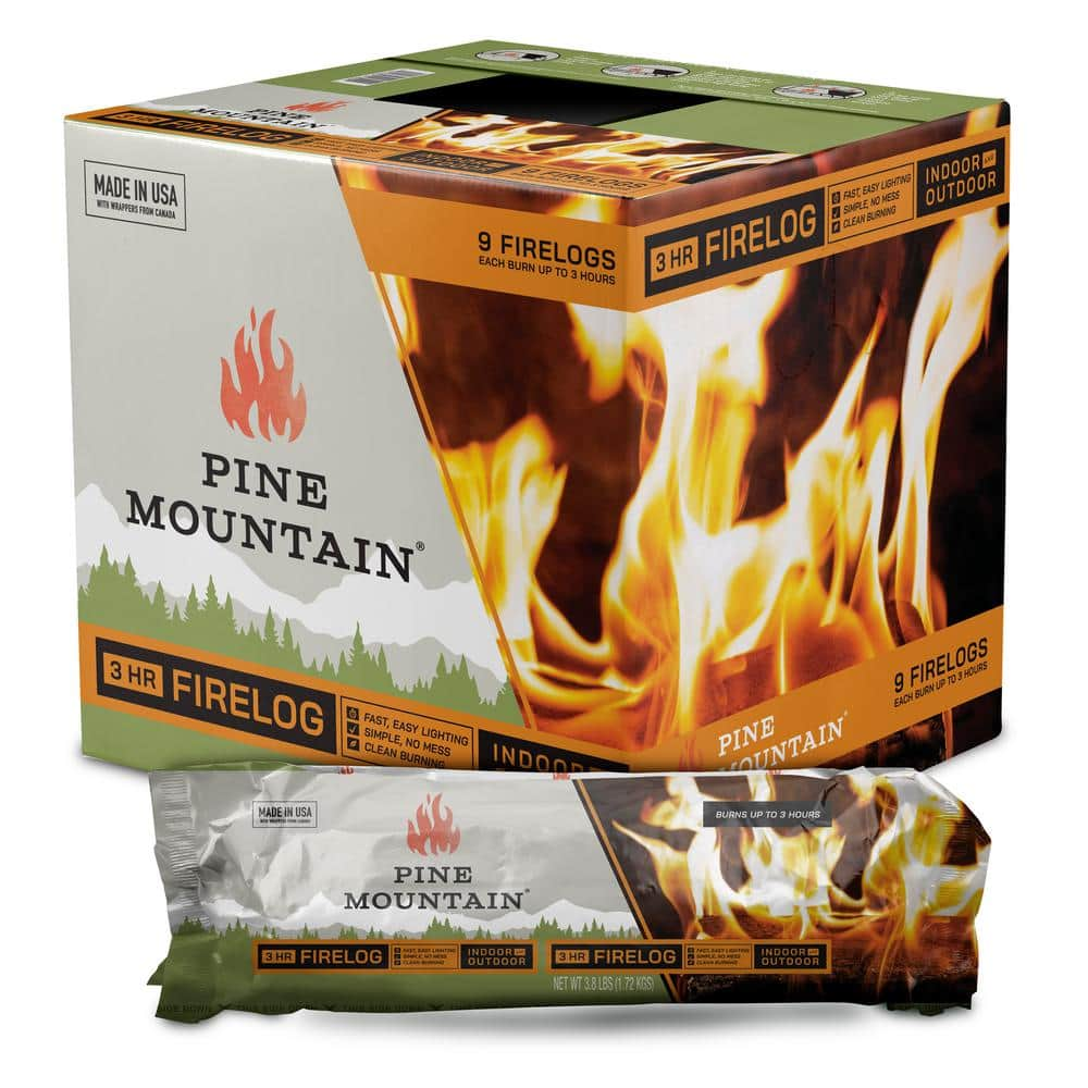 Pine Mountain Traditional 3-Hour Firelogs， Long Burning Firelog for Fireplace， Campfire， Fire Pit， Indoor and Outdoor Use (9-Pack) 501-160-805