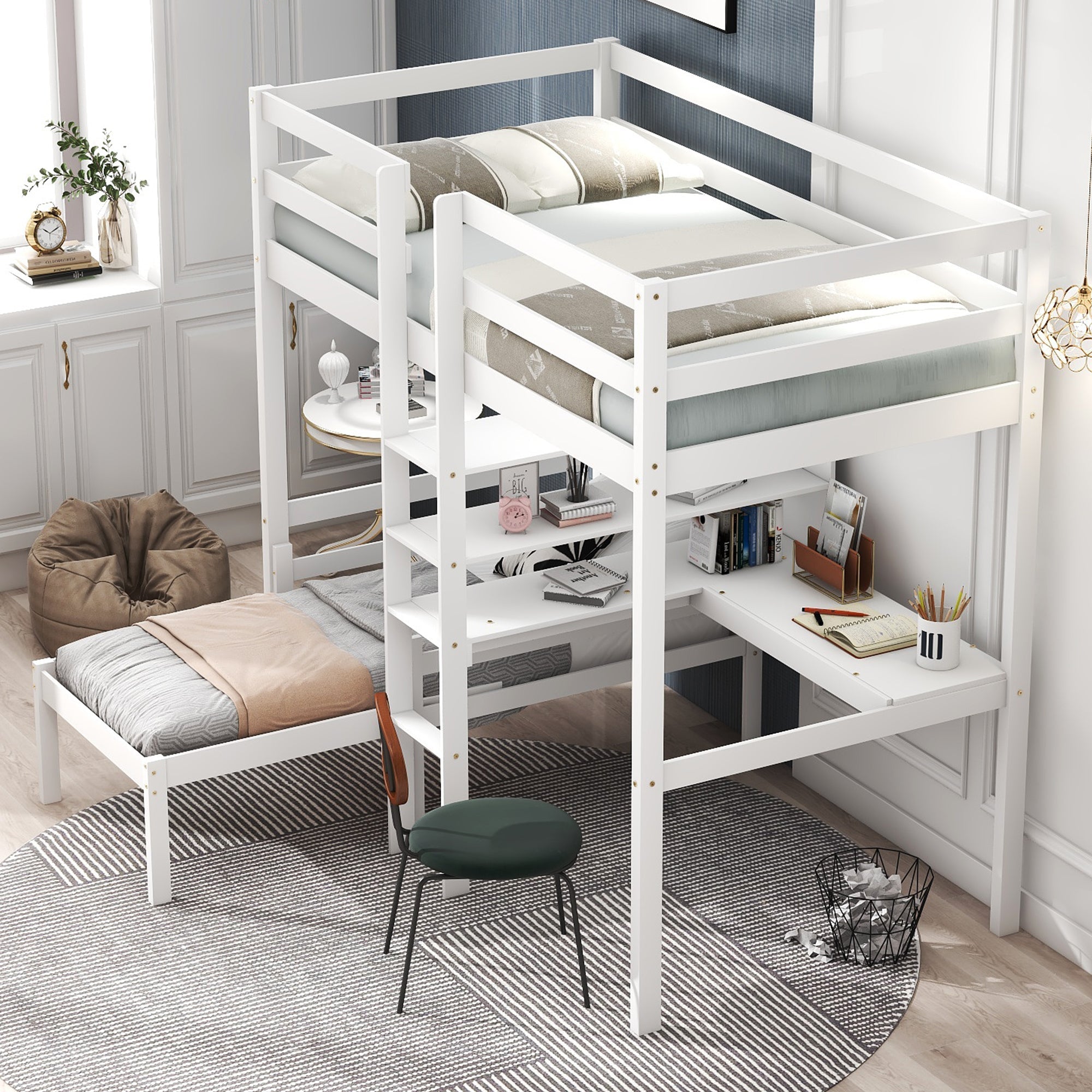 Euroco Twin Size Wood Bunk Bed with Shelves & Desk for Kids Bedroom, White