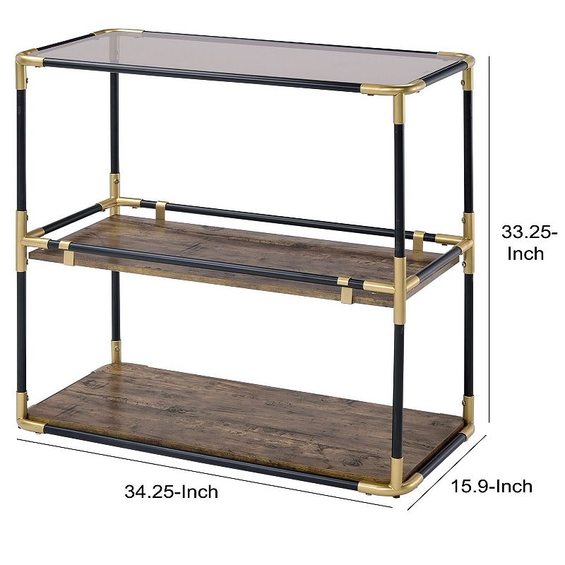 Rechange Glass Top Console Table Metal Tubular Framing and Wooden Shelves， Black and Brown