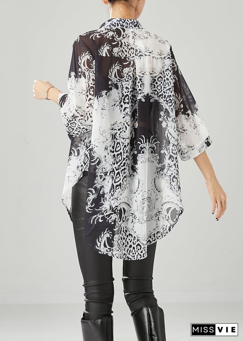 Plus Size Black White Print Oversized Chiffon Blouses Half Sleeve