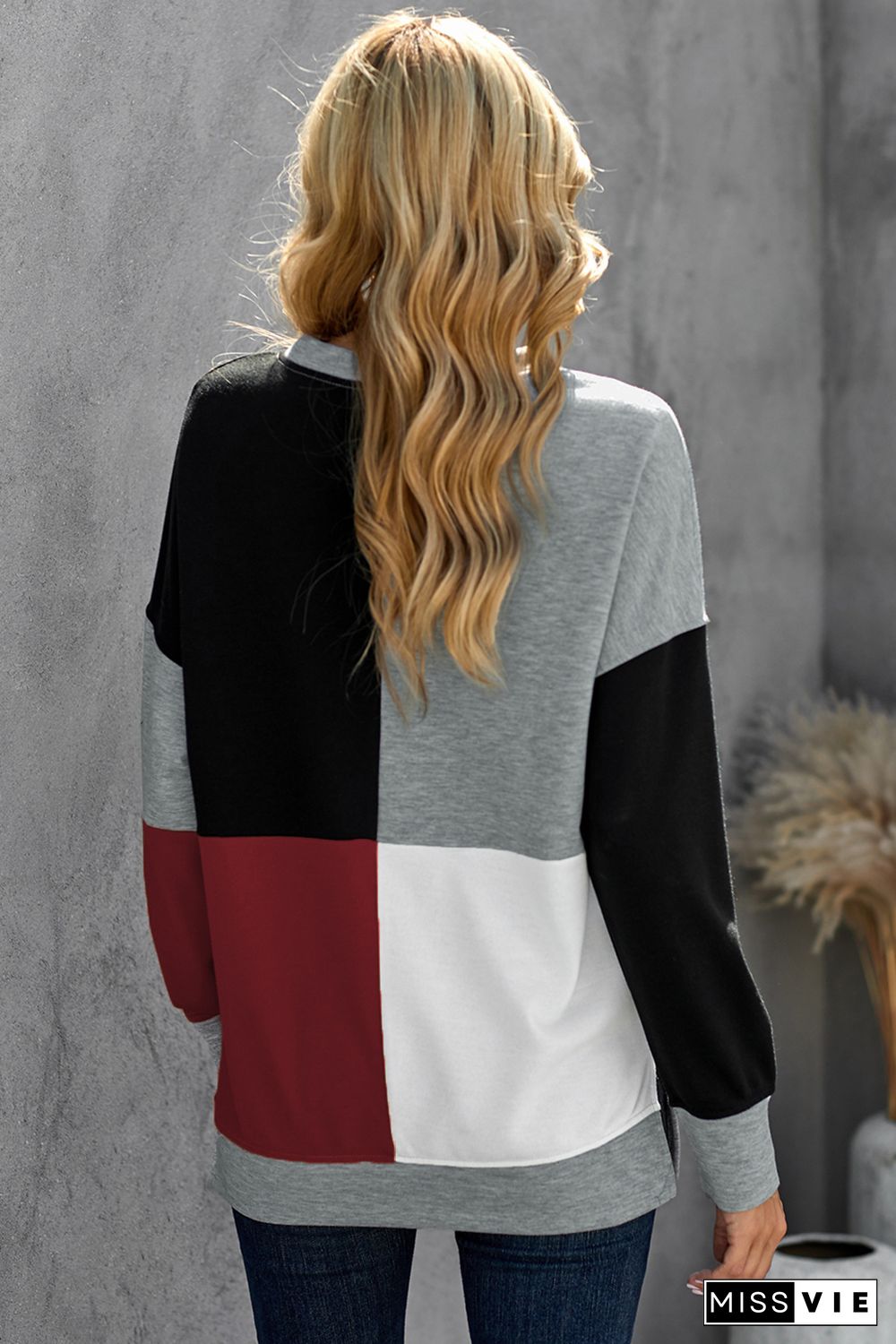 Red Color Block Round Neck Long Sleeves Pullover Sweatshirt