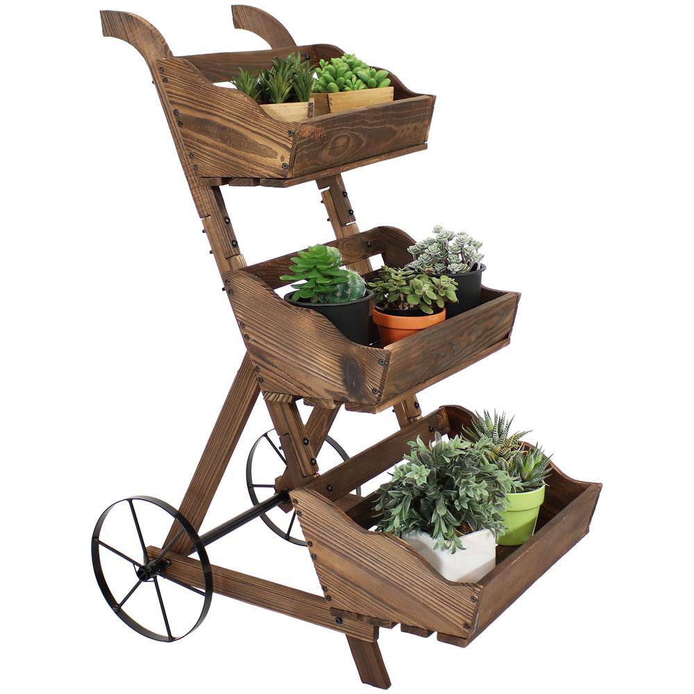 Sunnydaze 3-Tier Wooden Rolling Planter DSL-947