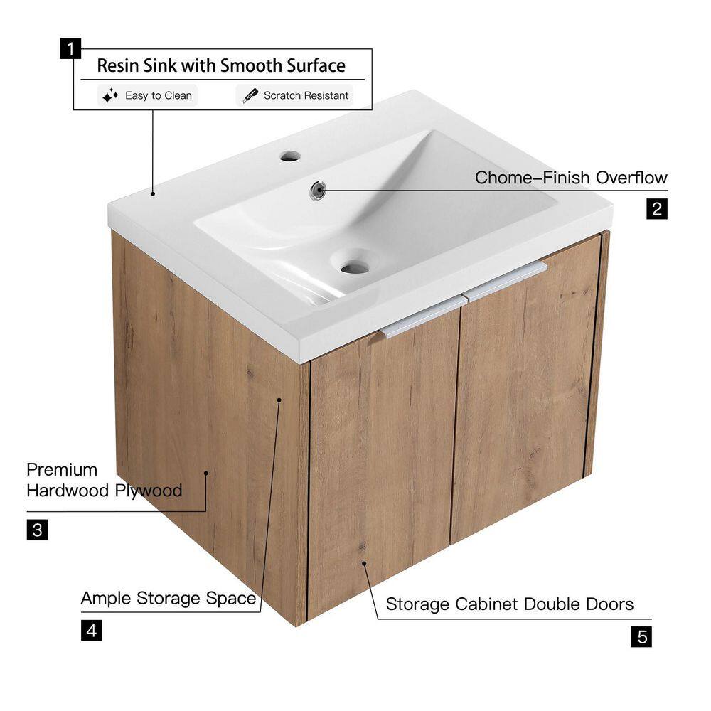 UPIKER Modern 24 in. W X 18 in. D x 20 in. H Bath Vanity in Imitative Oak with White Resin Vanity Top UP2208BCB24007