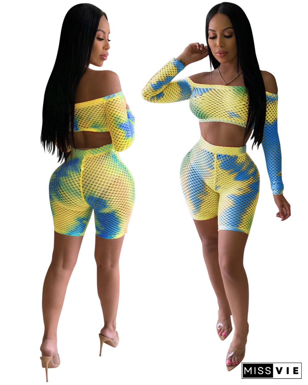 Sexy Colorful Tie Dye Print Fishing Net Off Shoulder Long Sleeve Crop Top Bodycon Shorts Two Piece Set