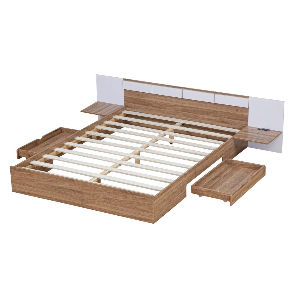 Queen Platform Bed with 2 Drawers  USB Ports   Sockets  Wooden Bed Frame with Extended Headboard   Storage Shelves for Bedroom