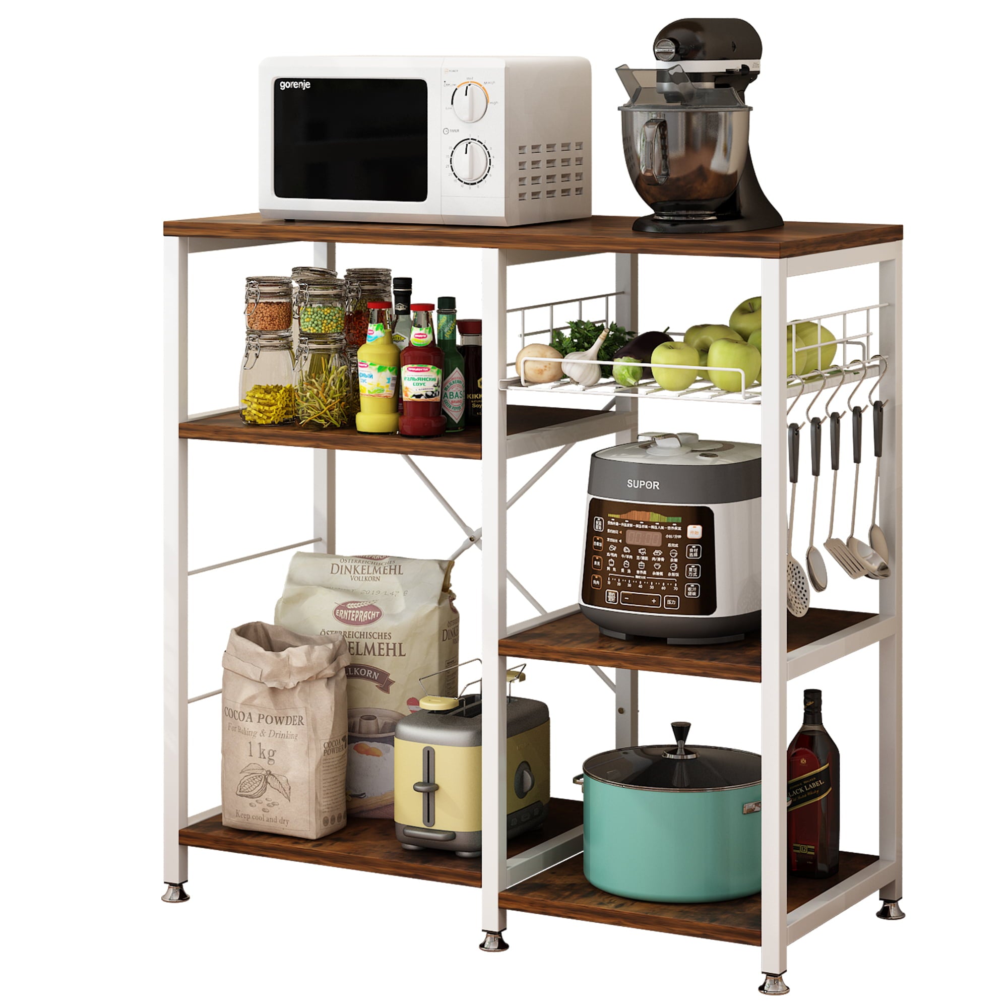 Zimtown Industrial Bakers Rack， Kitchen Microwave Oven Stand， Kitchen Island Storage Shelves Workstation with 2 Mesh Baskets and 6 Hooks，Rustic Brown