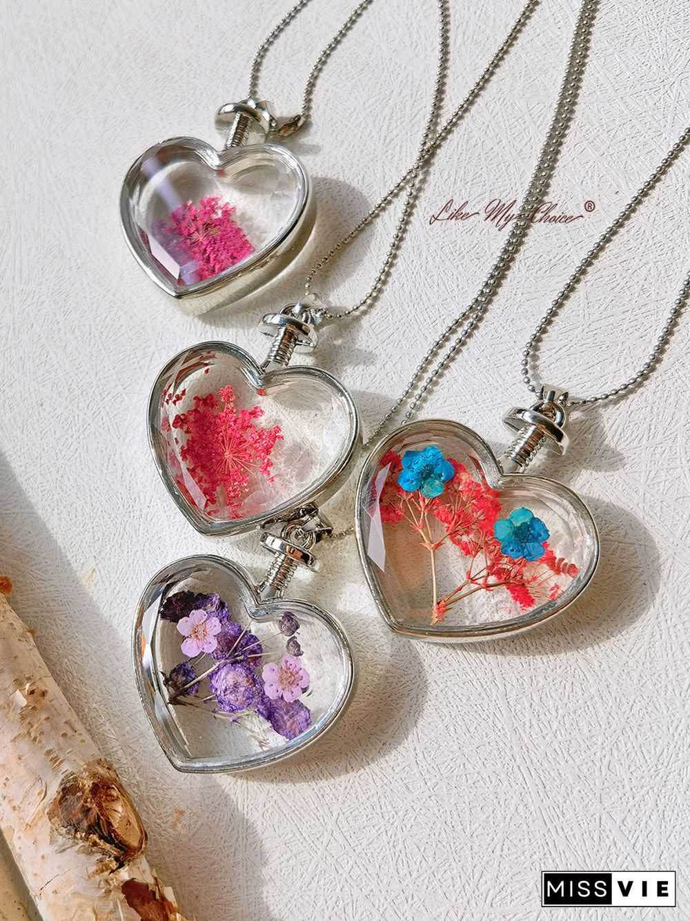 Flat Purple Red Flower Forget-Me-Not Crystal Glass Heart Necklace