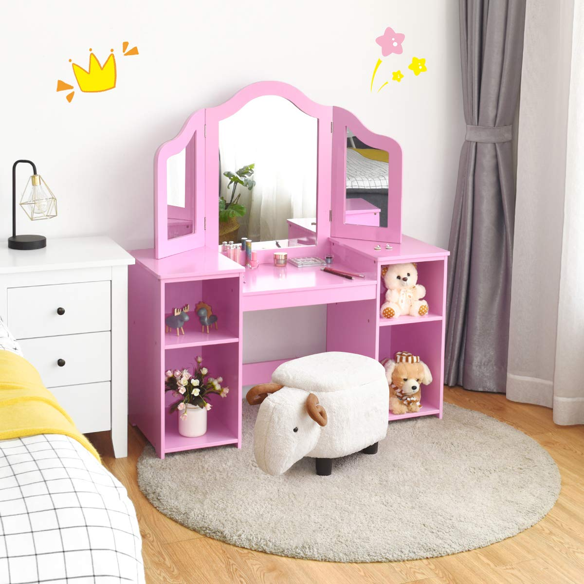 Costzon Kids Vanity, Princess Makeup Dressing Table with Tri-Folding Mirror & Storage Shelves, Pink