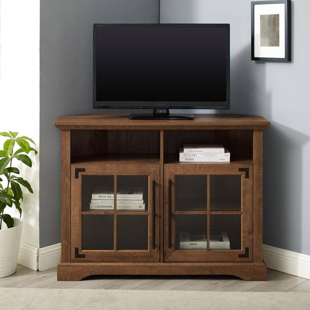 Welwick Designs 44 in. Natural Walnut Wood and Glass Transitional Farmhouse Window Pane Door Corner TV Stand Fits TVs up to 50 in. HD9055