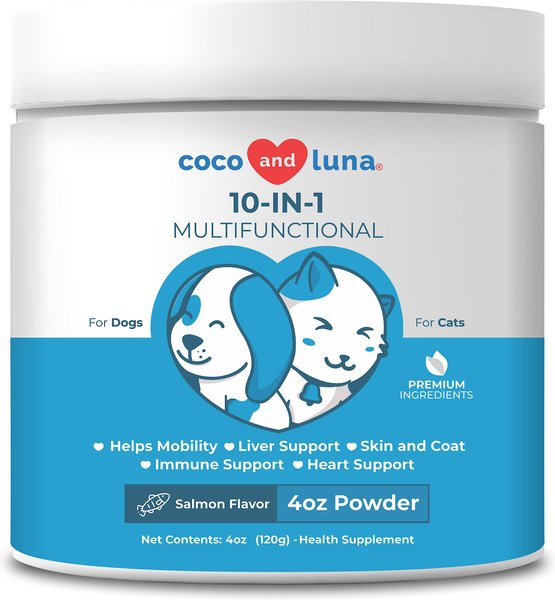 Coco and Luna Multivitamin 10-In-1 Salmon Flavor Powder Dog and Cat Supplement， 4-oz jar