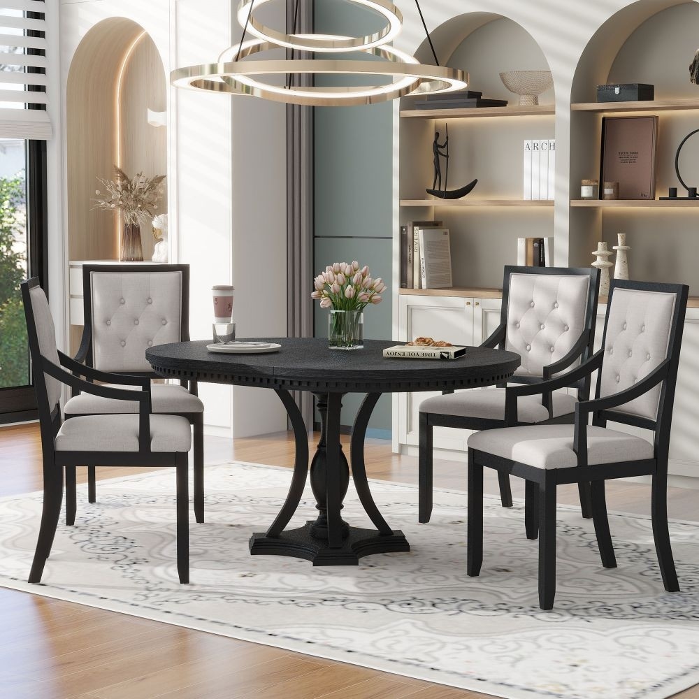 5 piece Dining Set Extendable Round Table and 4 Chairs for Kitchen Dining Room