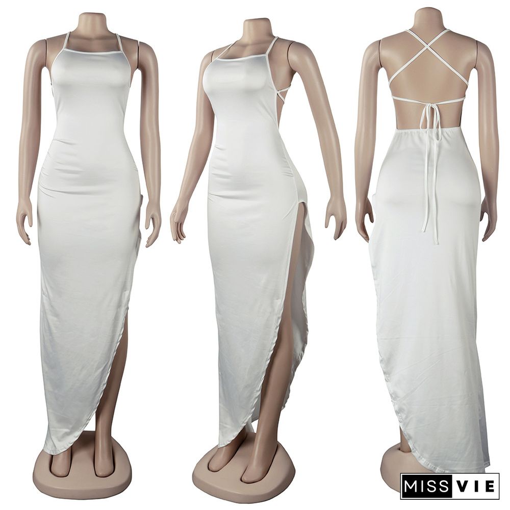 Women Sexy Solid Backless Halter Sling Bandage High Side Slit Slinky Evening Party Long Maxi Dress