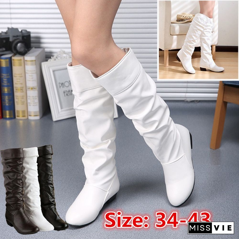 Women Fashion Mid-Calf Women Faux Leather Boots Black White Brown Flat Heels Half Boots Autumn Winter Shoes 35-43