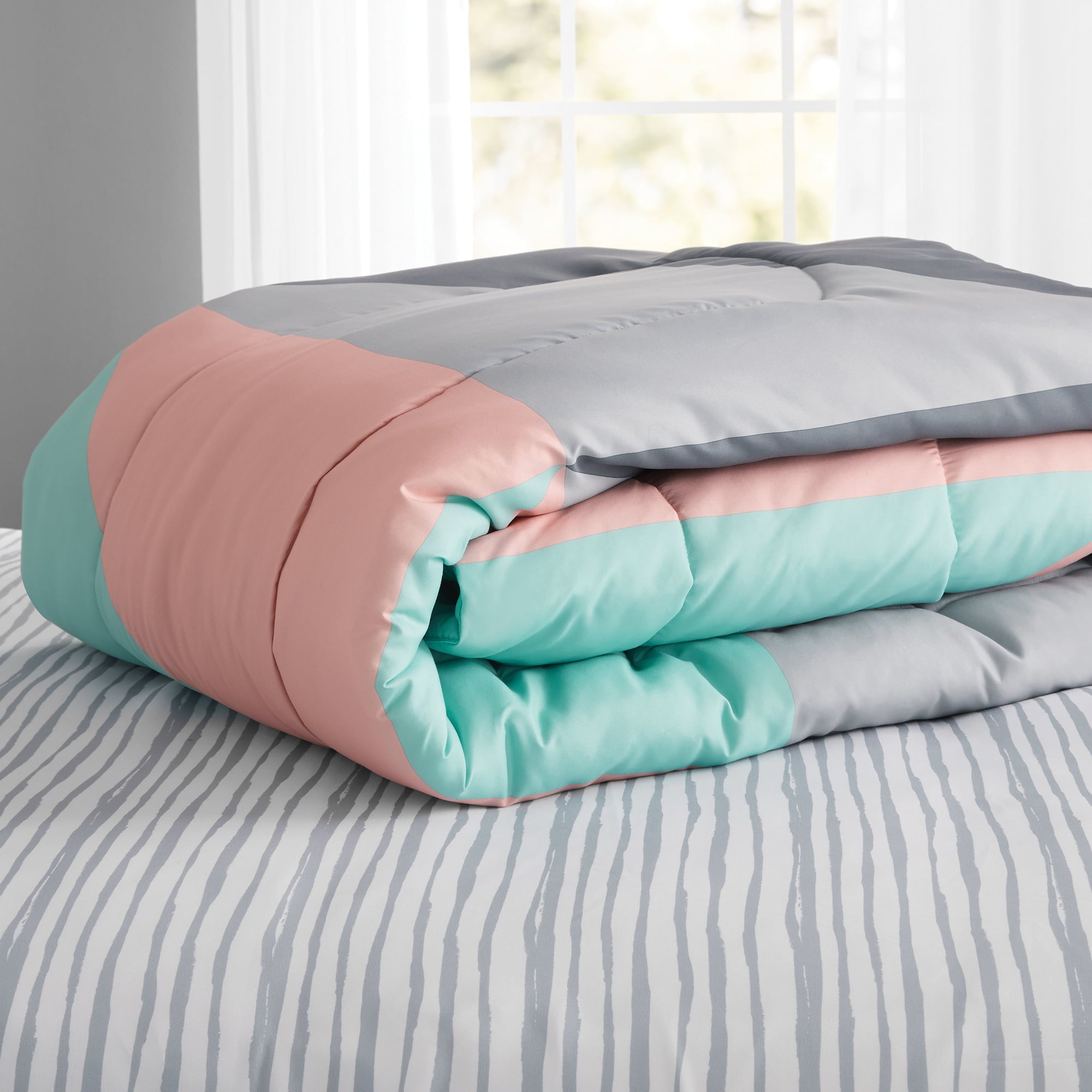 Mainstays Gray and Teal Geometric 6 Piece Bed in a Bag With Sheets， Twin/Twin XL