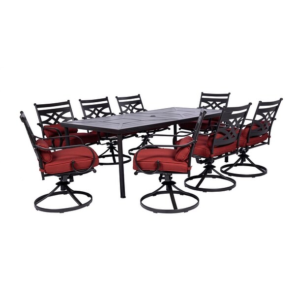 Hanover Montclair 9Piece Dining Set in Chili Red with 8 Swivel Rockers and a 42In. x 84In. Table