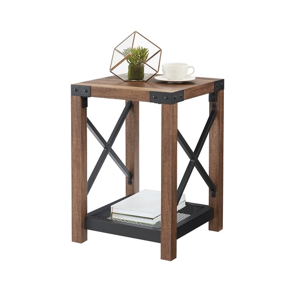 Farmhouse Wood Side Table with Mesh Shelf， 2-Tier End Table， X-Design