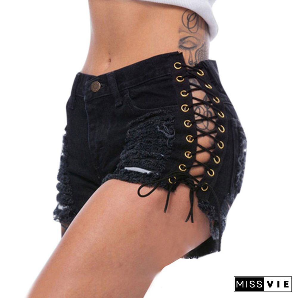 Women Elastic Destroyed Hole Sexy Bandage Hot Pants Short Pants Denim Shorts Ripped Jeans