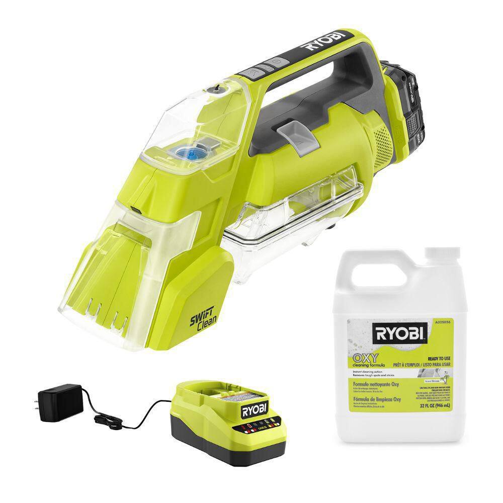 RYOBI ONE+ 18V Cordless SWIFTClean Spot Cleaner Kit with  2.0 Ah Battery Charger 32 oz. OXY Floor Cleaning Solution PCL756K-A32S056