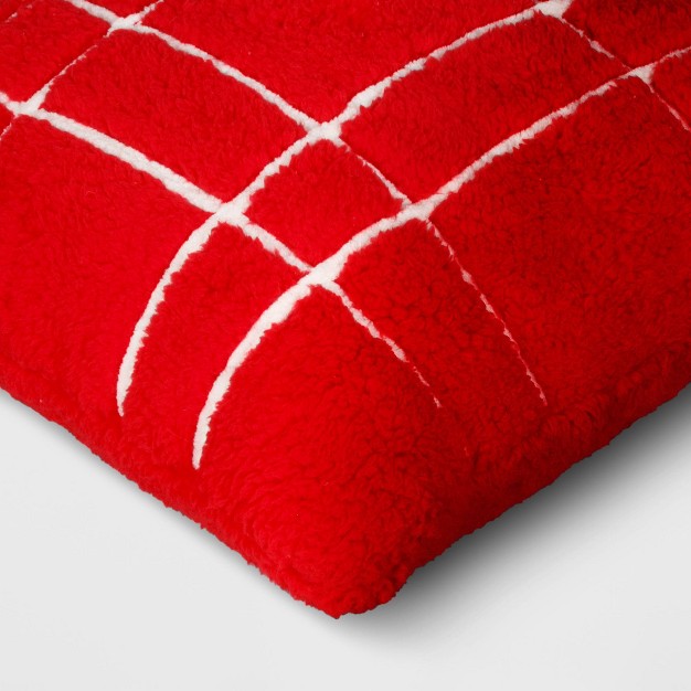 Faux Shearling Plaid Christmas Square Throw Pillow Cover Red white