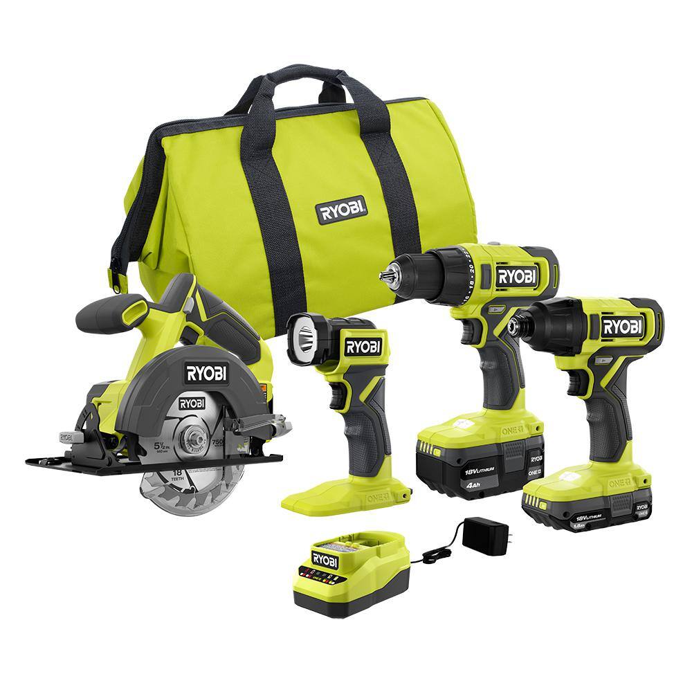 RYOBI ONE+ 18V Cordless 4-Tool Combo Kit with 1.5 Ah Battery 4.0 Ah Battery and Charger PCL1400K2