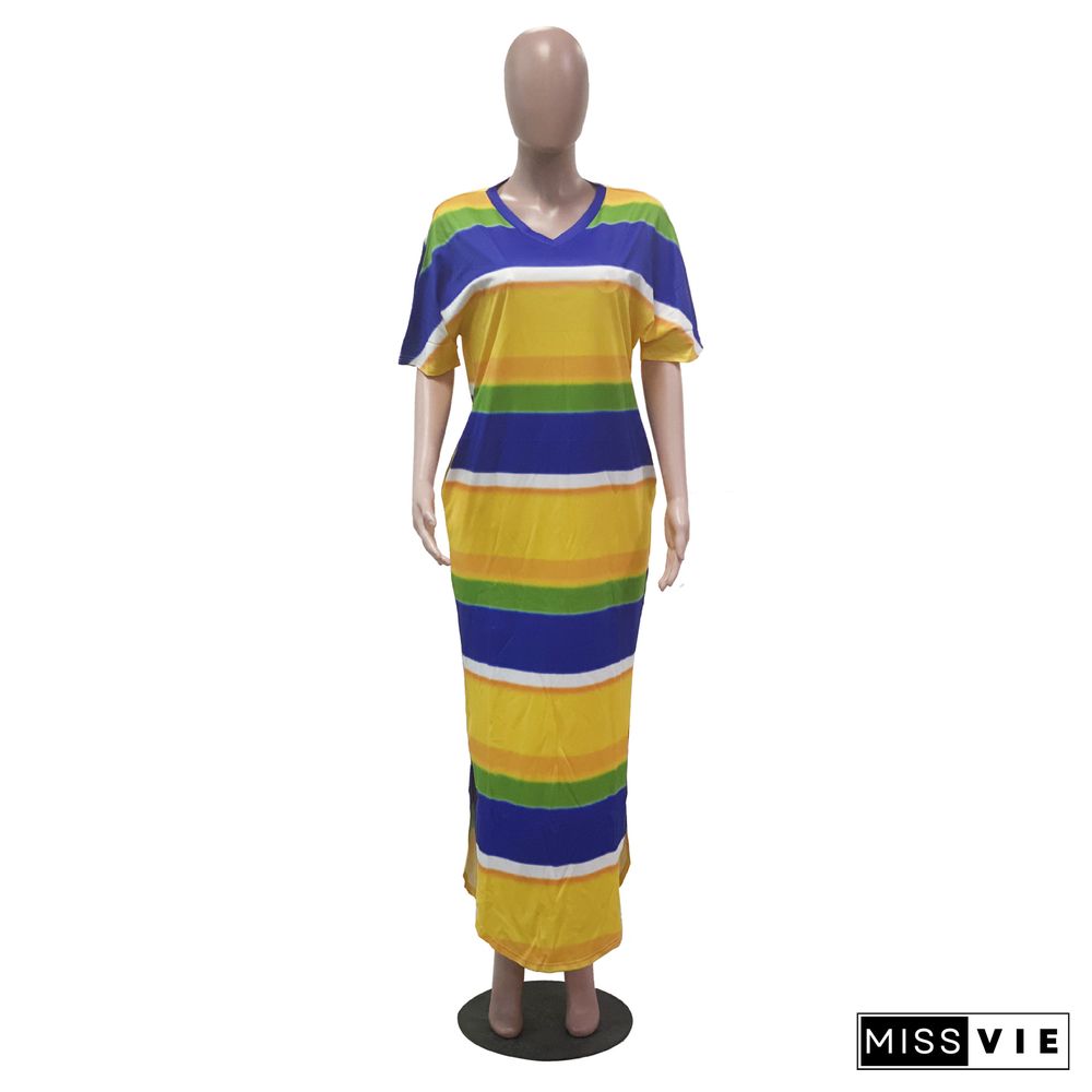 Colorful Stripe Printing Loose Open Fork Maxi Dress