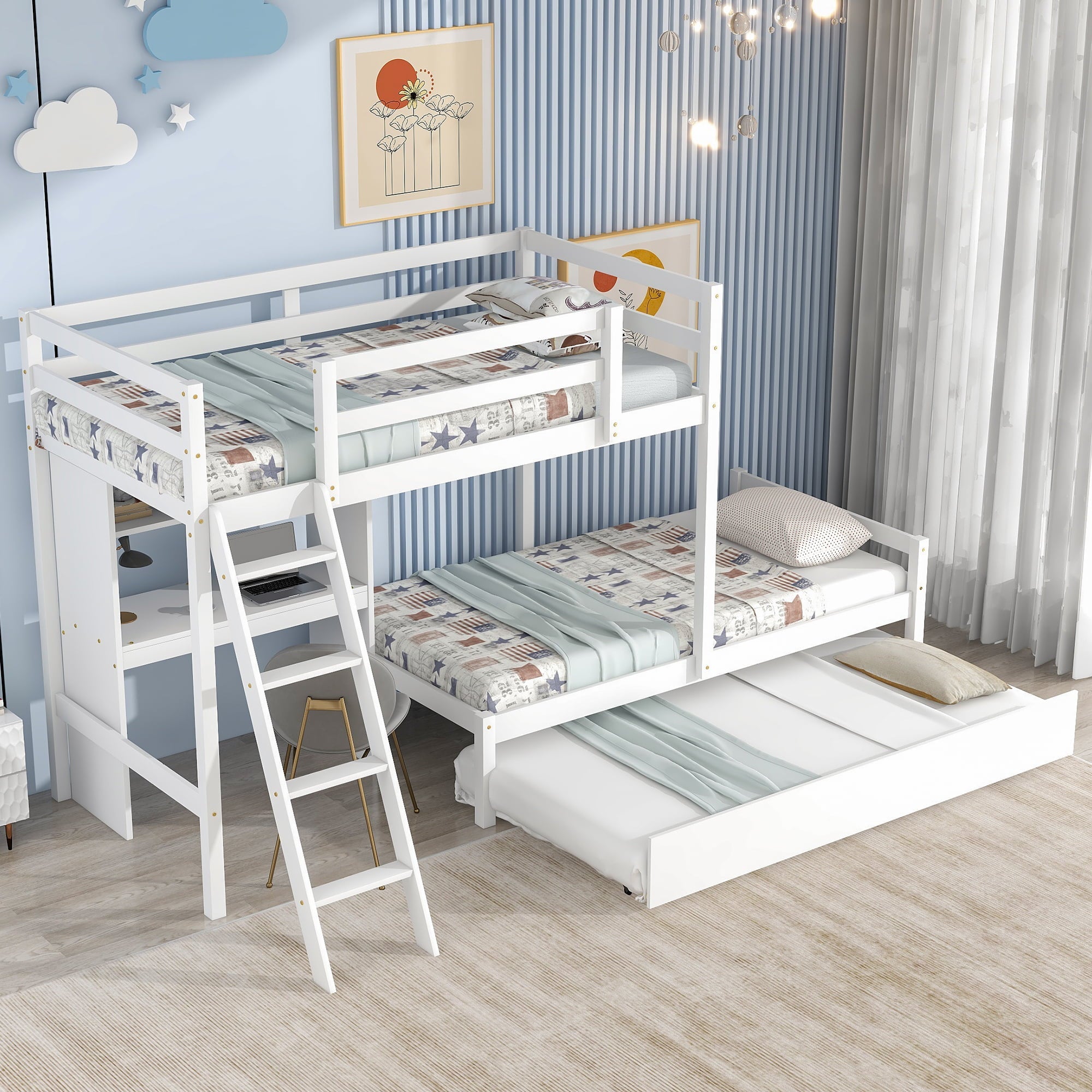 EUROCO Twin over Twin Bunk Bed with Desk and Trundle for Kids Bedroom, White