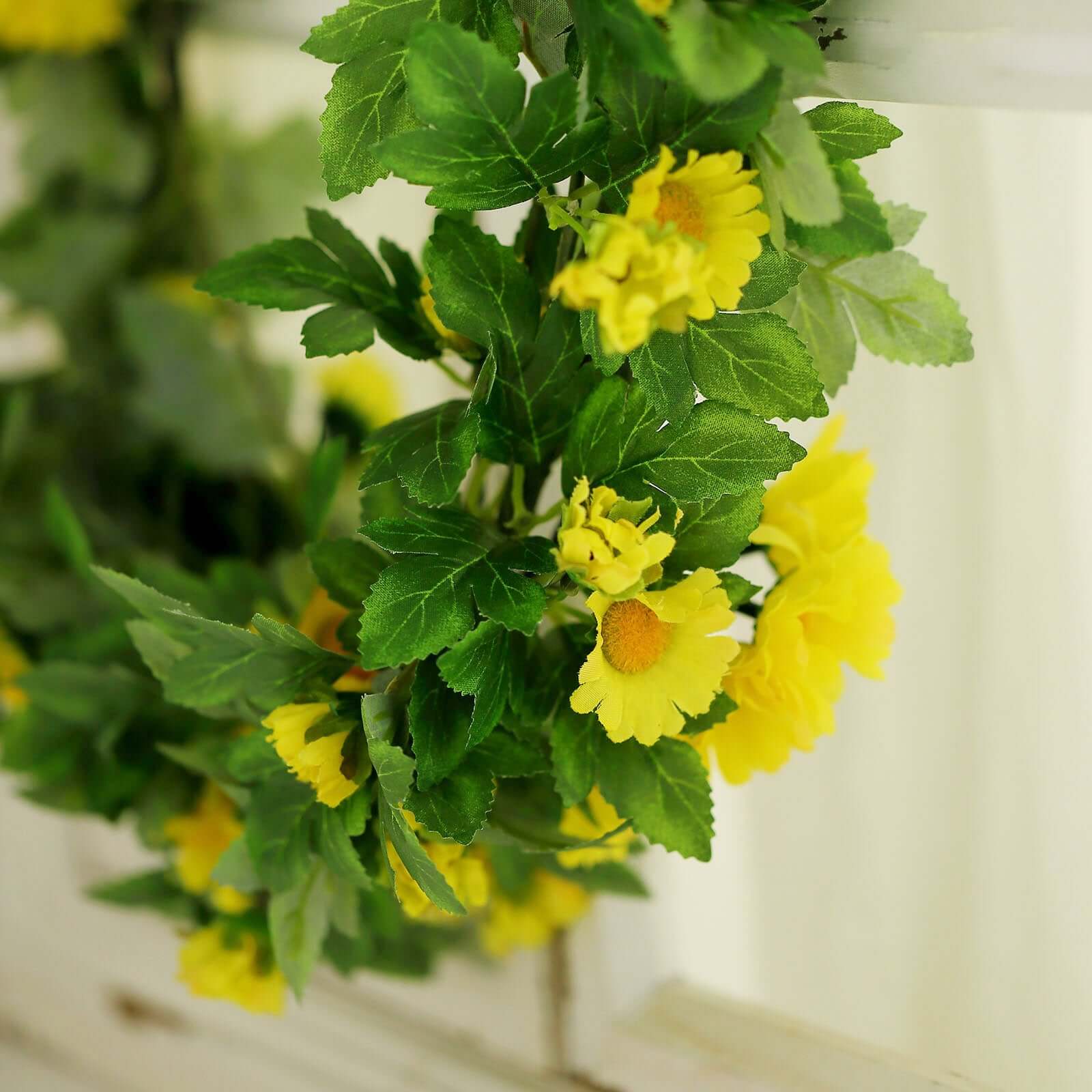 Yellow Artificial Daisy Magnolia Leaf Flower Garland Faux Vine 5.5ft