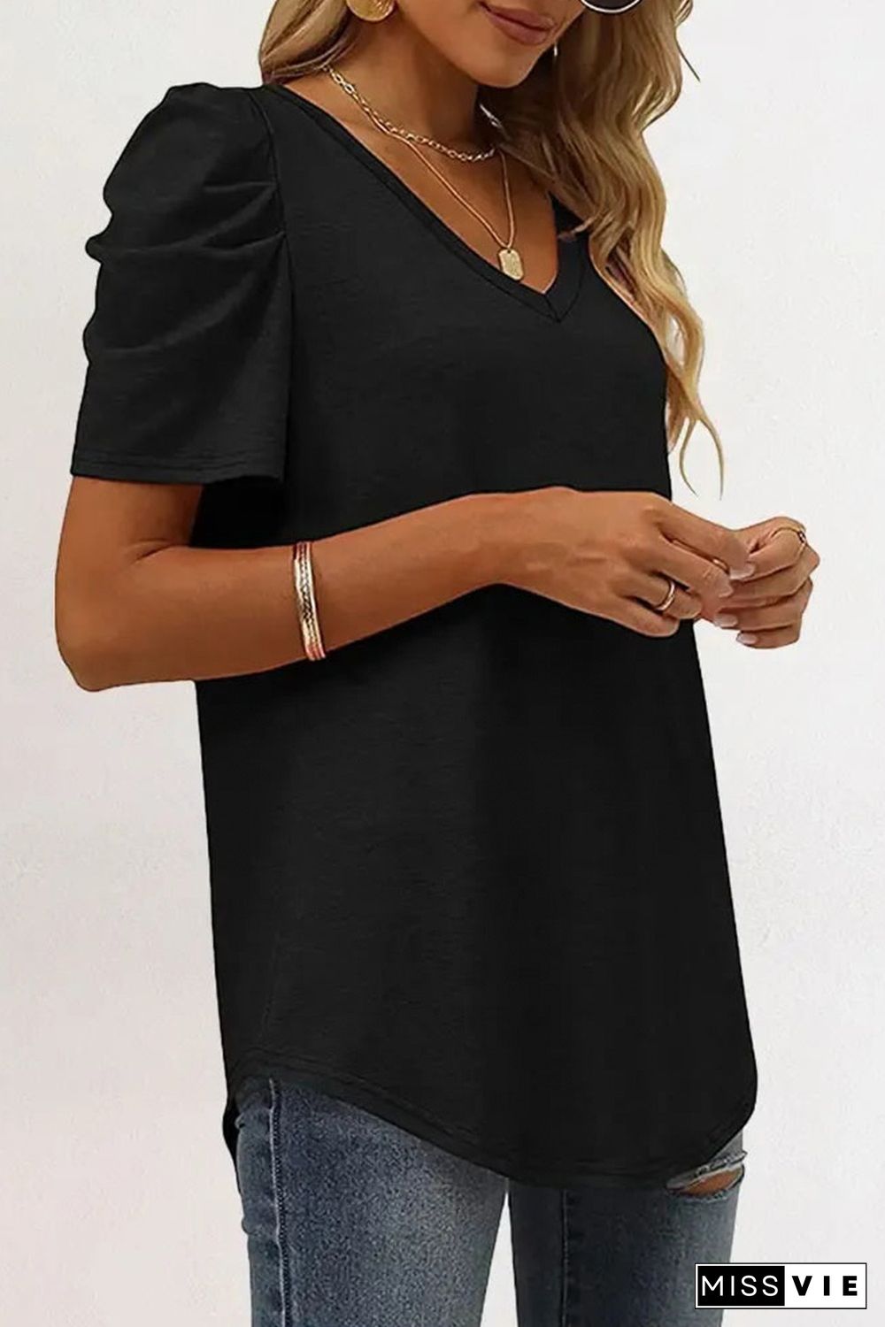 Black Puff Sleeve V-Neck T-Shirt