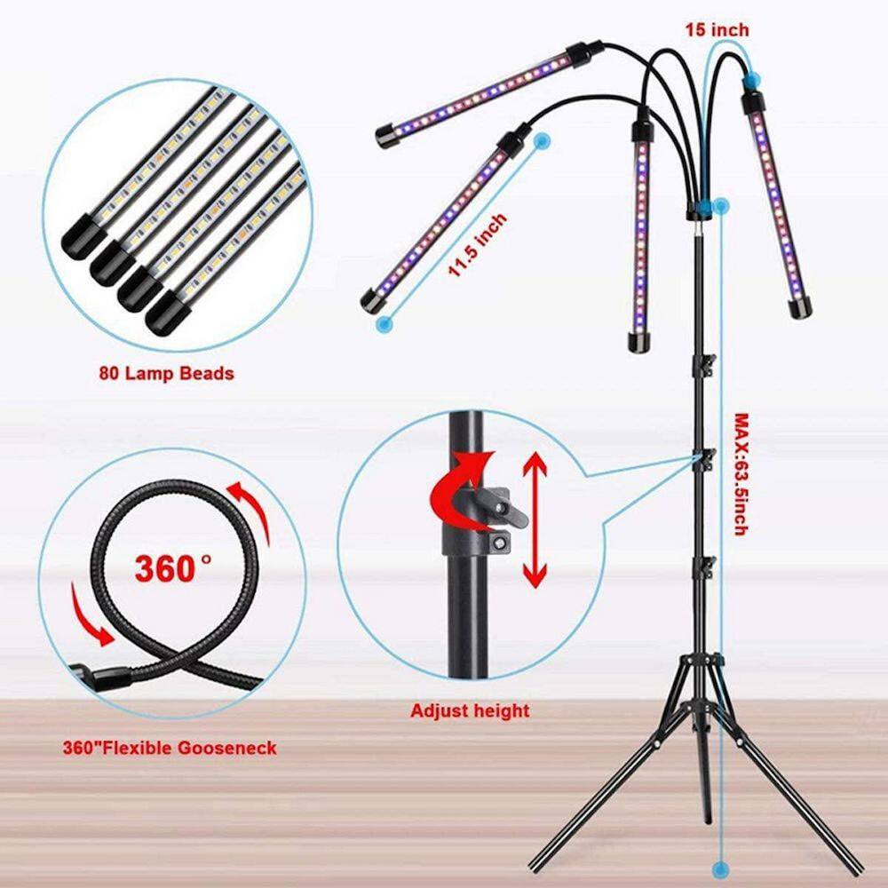 TAIFOND 4-Head Indoor LED Grow Light Adjustable Tripod Plant Light with Red Blue Mixed Spectrum Color Changing Light PGL0119A