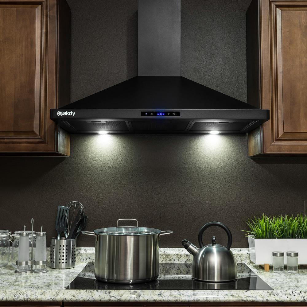 AKDY 36 in 217 CFM Convertible Kitchen Wall Mount Range Hood with Lights and Carbon Filters in Black Painted Stainless Steel