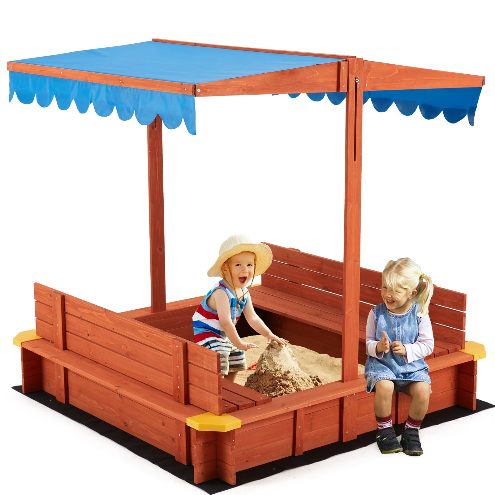 AVAWING Kids Sandbox with Canopy(47.2x 47.2x 47.2)，Wooden Sandbox Toys for Toddlers aged 2-4， with Two Beach Seats， UV-Resistant and Adjustable Height Roof Sand Protection， Blue and Red