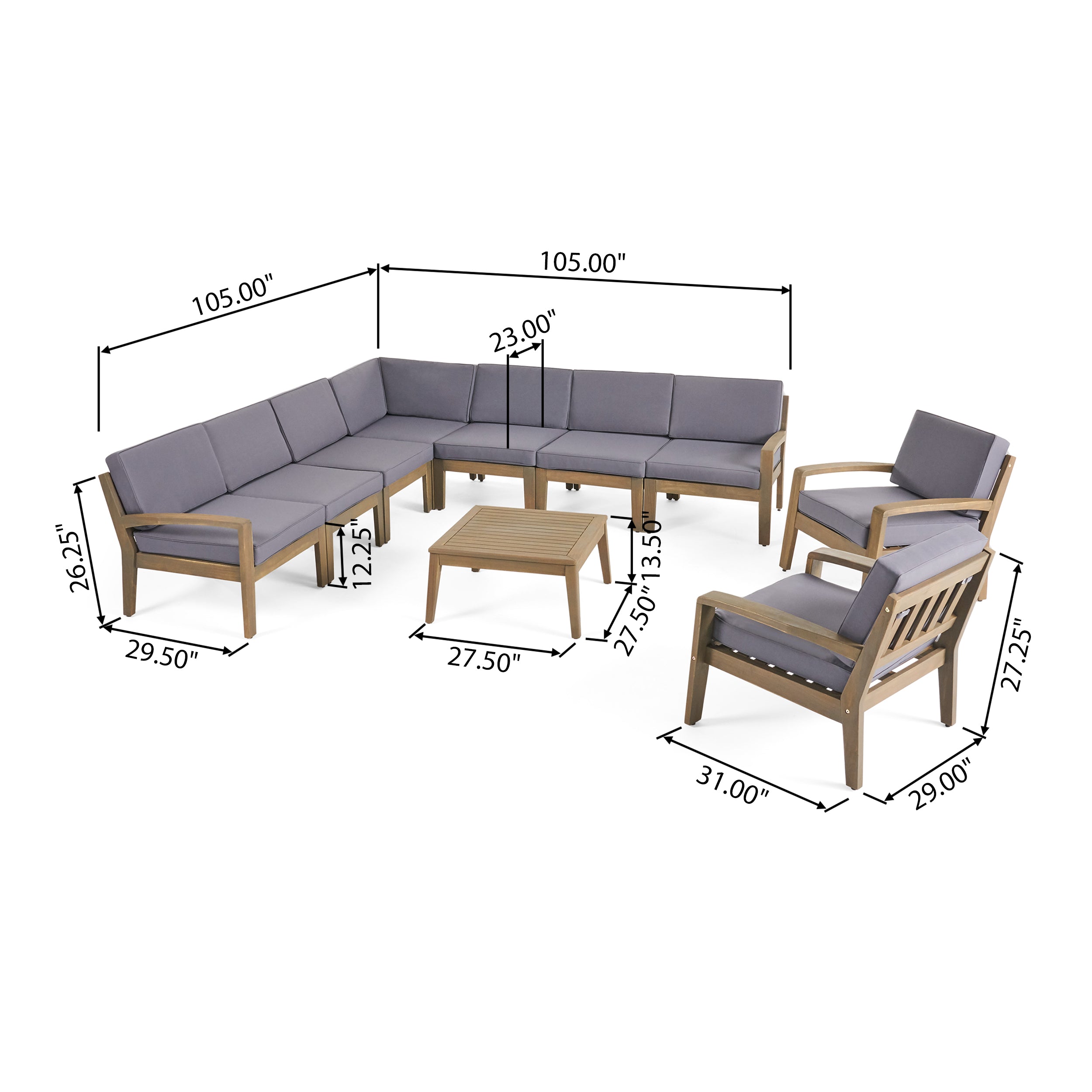 Madeline Outdoor Acacia Wood 9 Seater Sectional Sofa and Club Chair Set with Coffee Table