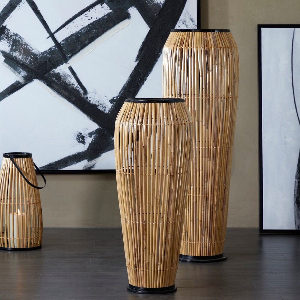 The Novogratz Brown Wicker Handmade Slatted Frame Vase with Black Metal Accents