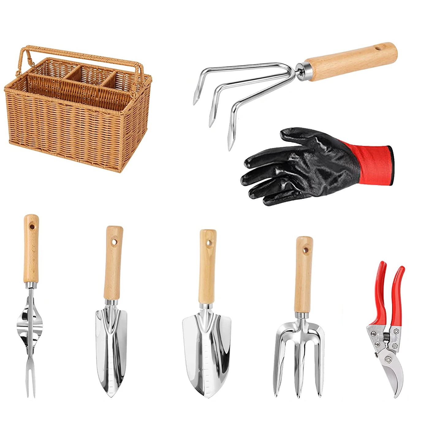 OEM ODM Custom waterproof stripe Plants 8 Piece Gardening Tool Set with Carrying cane basket