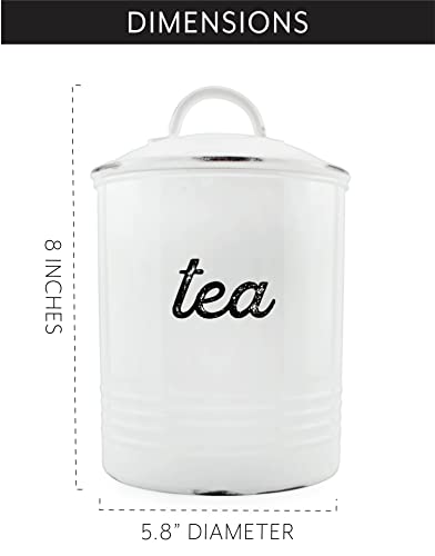 AuldHome Enamelware White Tea Canister; Rustic Distressed Style Tea Storage for Kitchen