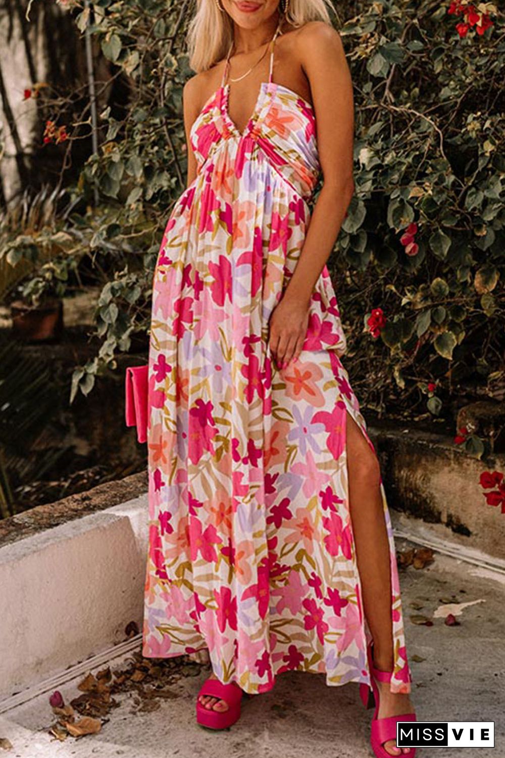 Red Halter Neck Backless Floral Print Maxi Dress with Ties